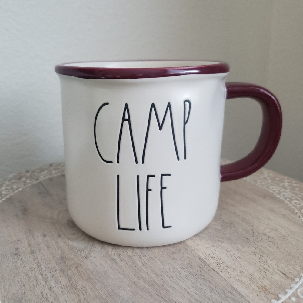 New Rae Dunn Camp Life Mug white and maroon
